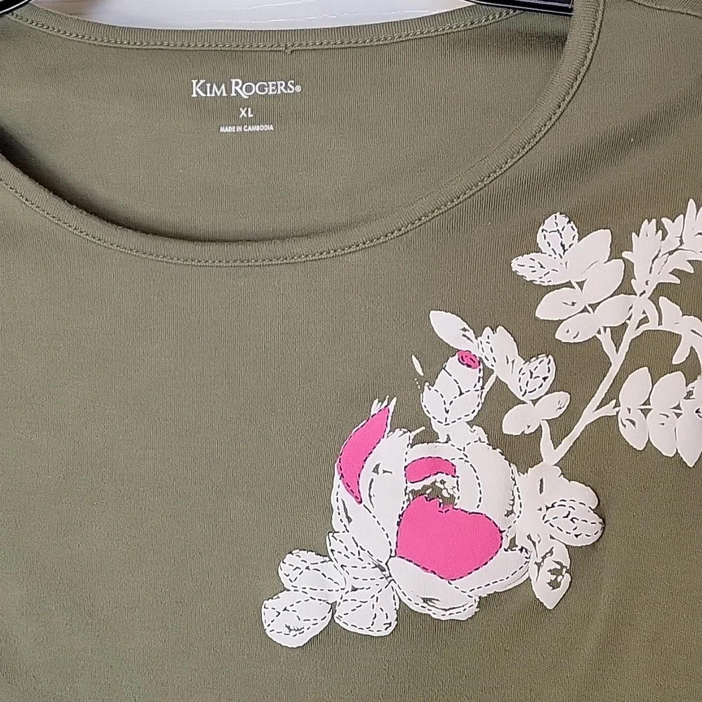 Kim Rogers XL Blouse Olive Green Floral Pink White Black Long Sleeve